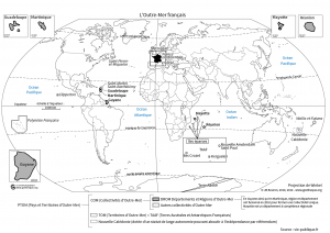 planisphère des territoires ultra-marins français (outre-mer) noir et blanc