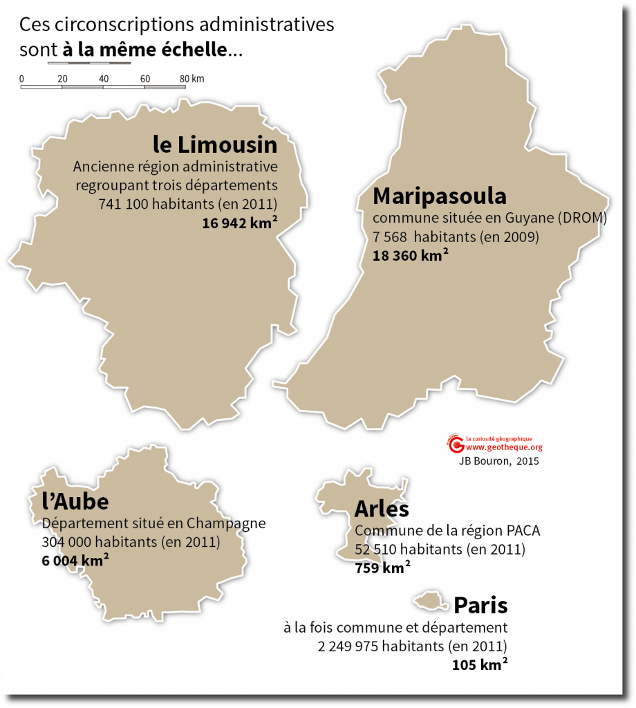 Comparaison des superficies de plusieurs circonscriptions administratives : Maripasoula, le Limousin, l'Aube, Arles et Paris.