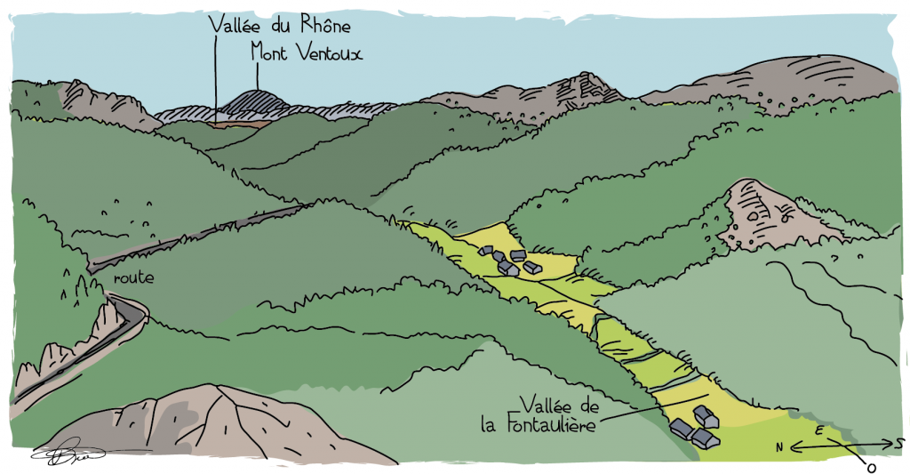 Croquis vallée de la Fontaulière et vue sur la vallée du Rhône